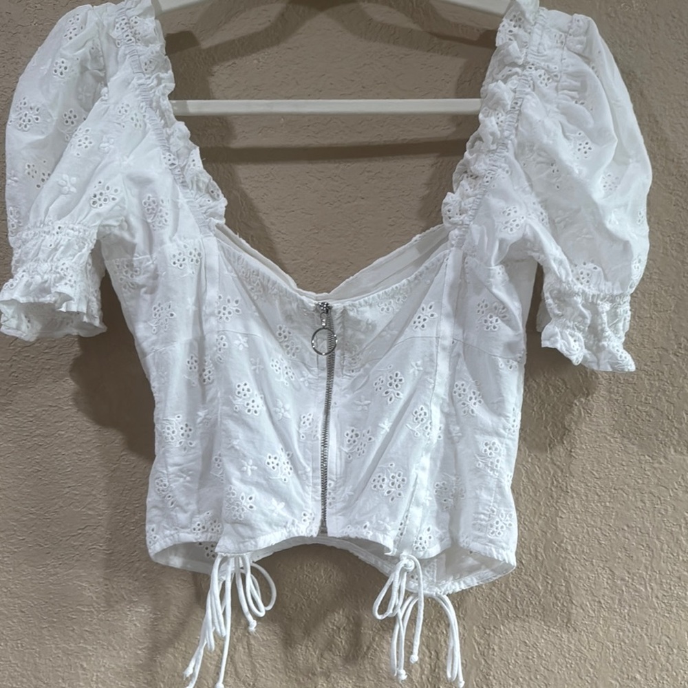 For Love And Lemons White Puff Sleeve Crop Blouse - Picture 2 of 5